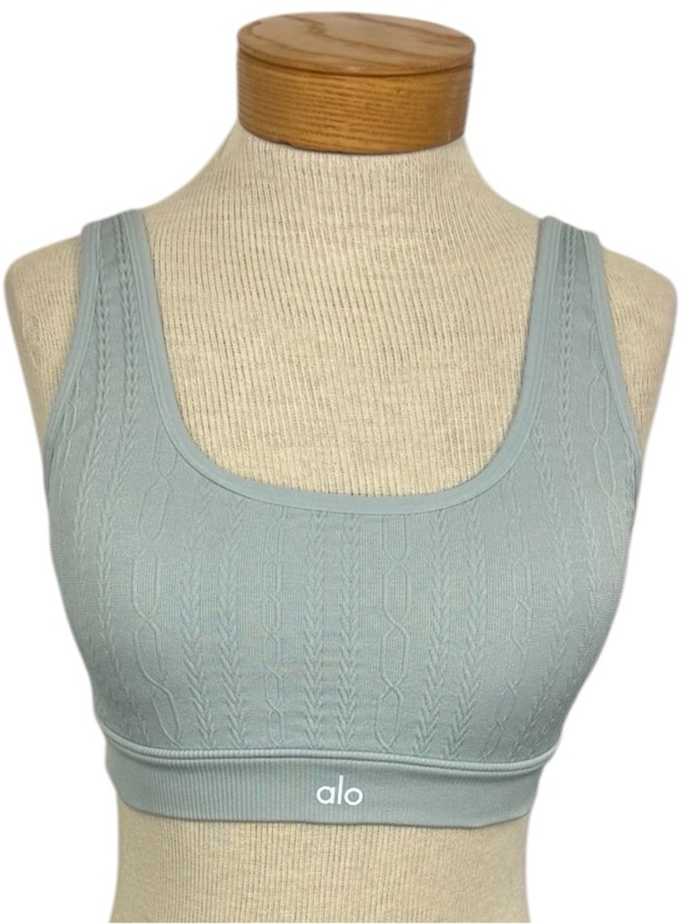 Alo Yoga Seamless Cable Knit Sports Bra Chalk Blue Texture Removable Pads Small